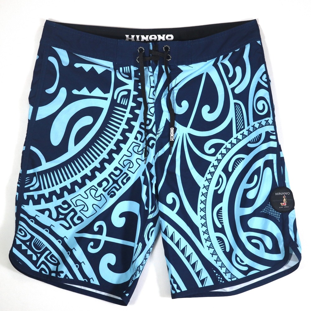 Hinano Tahiti Board Shorts Mens 34 Blue Tribal Print Stretch Swim Trunks Surf
